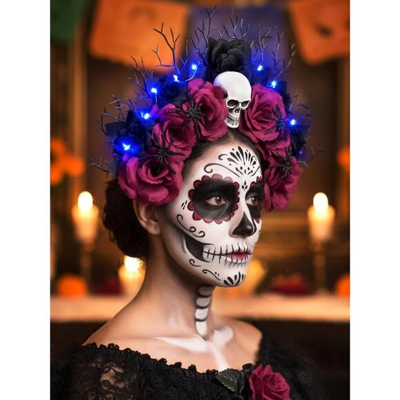 Light Up Rose Halo Crown Skull Flower Headband for Women Halloween Day of the De